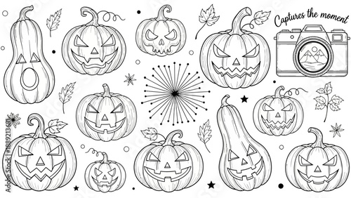 Collection of various Halloween-themed pumpkins and gourds illustration with camera and leaves in black and white