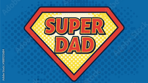 Super Dad emblem on blue background with red and yellow diamond shape
