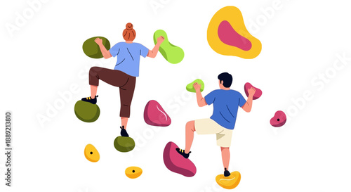 Illustration of two people climbing colorful abstract shapes in mid-air, showcasing activity and dynamic movement from a front viewpoint.