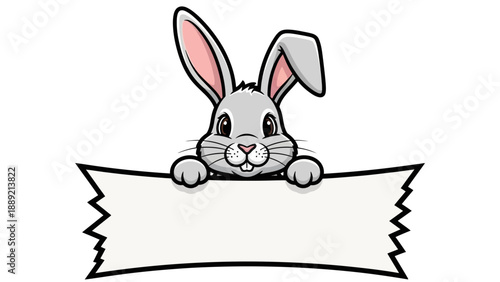 A cartoon rabbit peeking from behind a banner, illustration of a cute bunny holding a sign with its paws and looking forward