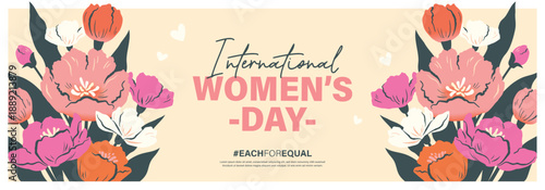 March 8, International Women's Day banner, poster, greeting card, background design with beautiful blossom flowers.


