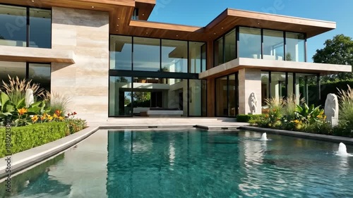 Wallpaper Mural Contemporary glass-and-stone villa with expansive pool, manicured landscaping, sunny sky.Sunny glow Torontodigital.ca