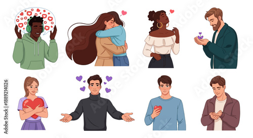 Illustration of diverse people showing affection and love for each other in various tender moments