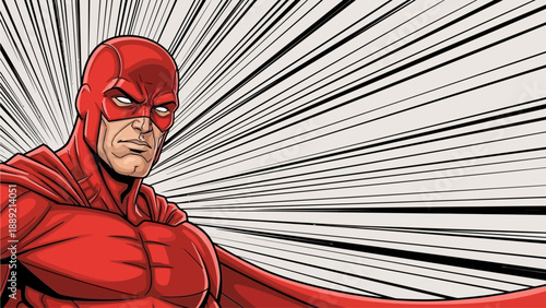 Superhero standing confidently with arms crossed, wearing red costume and mask, dynamic comic style illustration