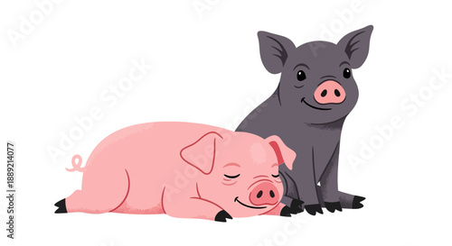 Two cartoon pigs resting and standing together in a serene environment