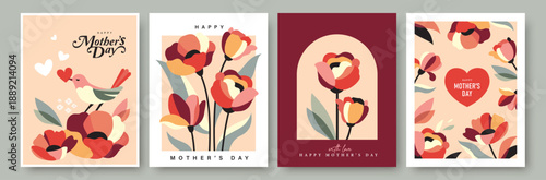 Set of Mother's Day greeting card, cover, poster, vector illustration with beautiful blossom flowers.

