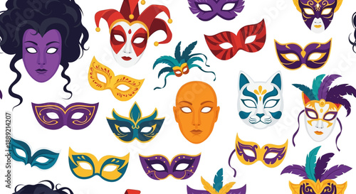 Vibrant masks scattered around, some with feathers, others plain, showcasing various designs and colors in a lively arrangement