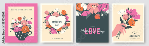 Set of Mother's Day greeting card, cover, poster, vector illustration with beautiful blossom flowers.

