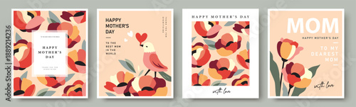 Set of Mother's Day greeting card, cover, poster, vector illustration with beautiful blossom flowers.

