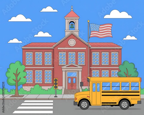 Title: A colorful cartoon of a red brick school building with a clock tower and an American flag in front of a yellow school bus