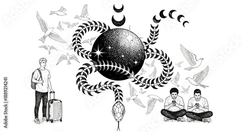 Man meditating with octopus and birds surrounding a celestial body representing phases of the moon