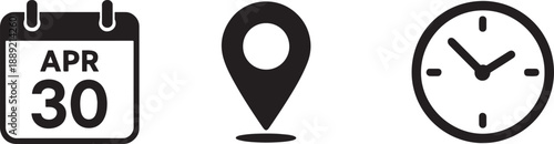 Calendar, location pin, and clock icons set, modern line style for web, app, and graphic design.