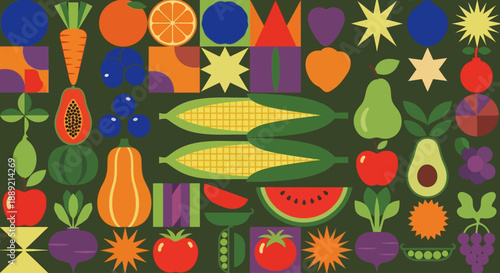 Vibrant assortment of fruits and vegetables arranged in a colorful illustration from a top-down viewpoint