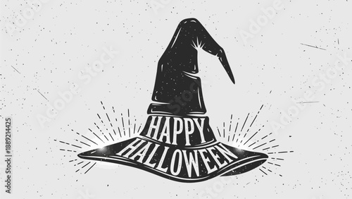 A black witch hat with Happy Halloween text on a white background illustration from a front viewpoint