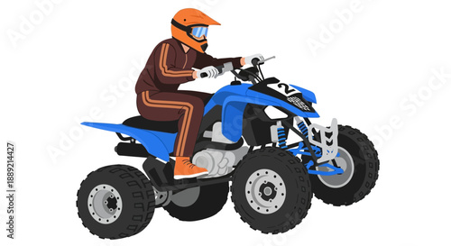 Rider on a blue quad bike navigating through terrain from a side viewpoint