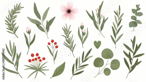 Assorted floral elements and foliage arranged in a visually appealing composition featuring flowers, leaves, and branches