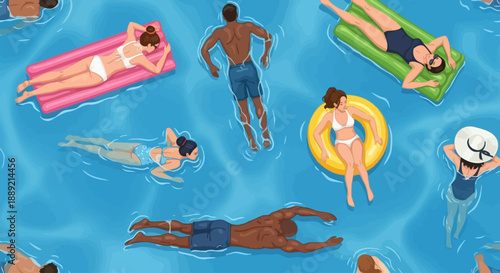 People swimming and relaxing on inflatables in a vibrant blue pool scene viewed from above