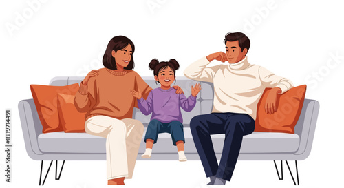 Family sitting together on a sofa at home, relaxing and interacting with each other in a cozy living room environment from a frontal viewpoint