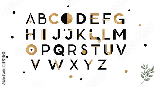Alphabet letters illustration with golden accents and foliage decoration