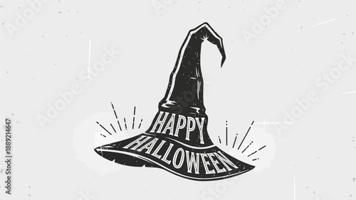 A black witch hat with Happy Halloween text on a plain white background, illustrated in a simple style