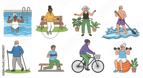 People engaging in various fitness activities outdoors, exercising, and enjoying nature from a diverse perspective