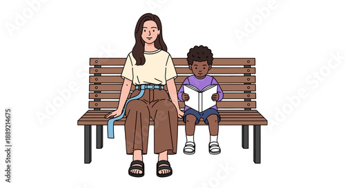 Woman and child sitting together on a bench reading a book in a serene outdoor setting