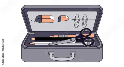 Stationery kit open, revealing pens, pencils, scissors in an office supply box, viewed from the front.