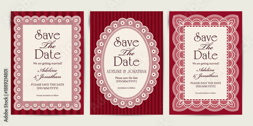 Elegant Save the Date Wedding Card or Invitation. Lace Border Vector illustration.