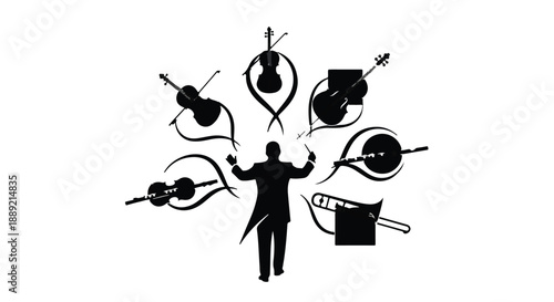 Silhouette of a conductor surrounded by swirling music instruments