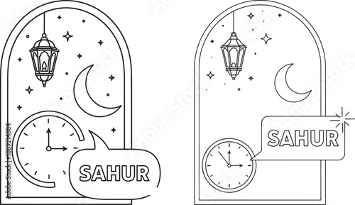 Sahur time illustration with clock, hanging lantern, moon, stars, and speech bubble, black and white design