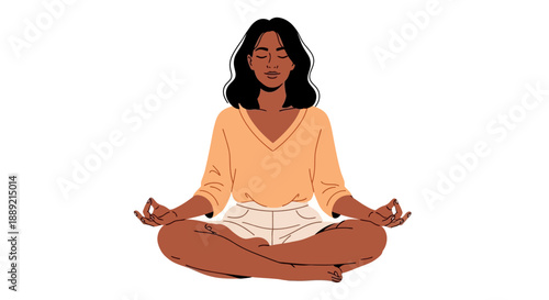Serene woman meditating in lotus position with peaceful expression, illustration of mindfulness and relaxation techniques