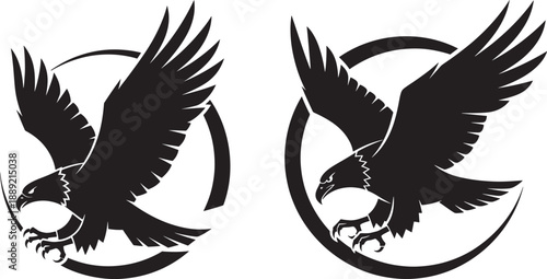 Set of two black eagle emblems in flight within circular frames, aggressive hawk vector design