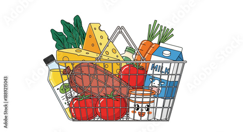 Grocery shopping basket filled with fresh produce and dairy products
