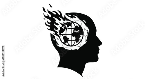 Silhouette of a person's head with a flaming globe inside