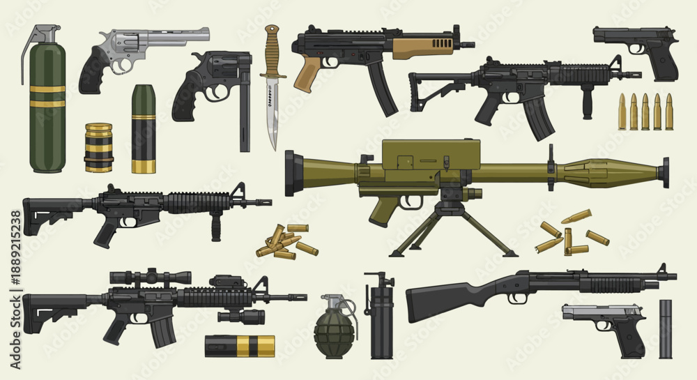 Fototapeta premium Detailed illustration of various firearms and military equipment arranged neatly, showcasing different types of guns and ammunition on a neutral background from a direct viewpoint