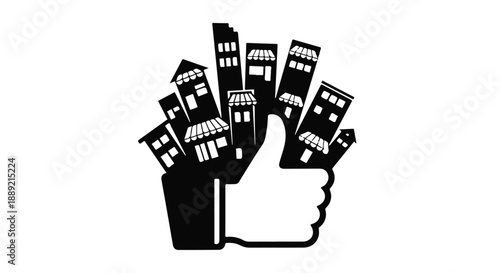 Hand giving thumbs up with buildings in background