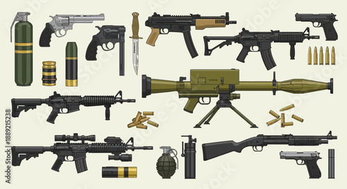 Detailed illustration of various firearms and military equipment arranged neatly, showcasing different types of guns and ammunition on a neutral background from a direct viewpoint