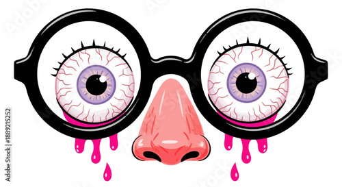 A cartoonish illustration of large, bloodshot eyes with glasses and a nose, dripping with blood, in a graphic and humorous style.