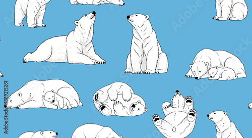 Polar bears resting and playing in a serene arctic landscape with icy blue surroundings, viewed from above with illustrations of various poses