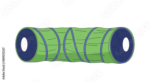 A digitally illustrated green cylindrical object with blue accents and circular ends viewed from the side