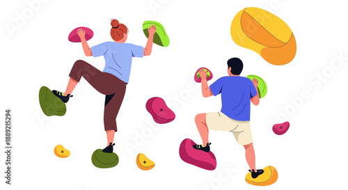 People engaging in bouldering activity on colorful holds, illustration from a dynamic viewpoint.