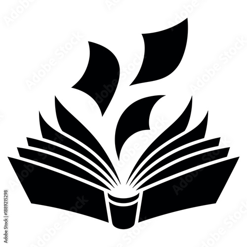 Black and white illustration of open book with pages fluttering upwards representing knowledge, learning, and imaginative storytelling
