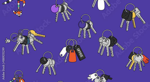 Collection of assorted keys and keychains scattered on a solid purple background from a top-down viewpoint