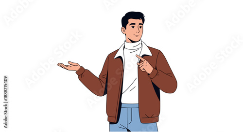 Illustration of a man gesturing with one hand and holding a small object in the other, standing in a neutral pose, viewed from the front