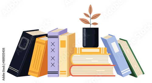 Stack of books with a potted plant on top viewed from the side on a flat surface