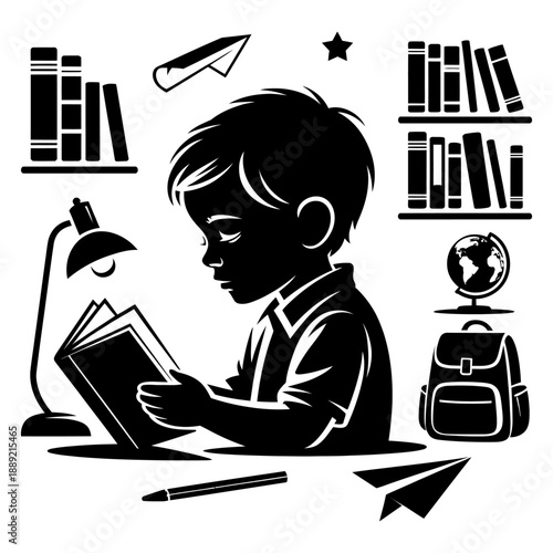 Cute little boy reading book at desk with lamp backpack globe and bookshelves in background educational scene on white