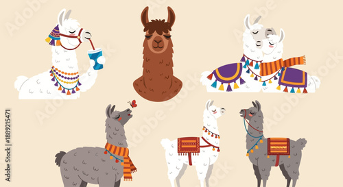 Illustration of cartoon llamas wearing colorful blankets and accessories