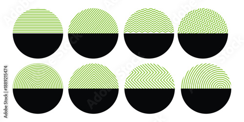 A versatile set of eight circular icons showcasing solid black bases paired with vibrant lime green geometric patterns and abstract textures.