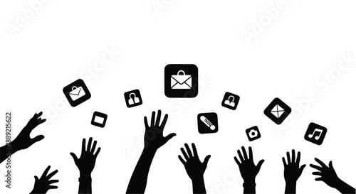 Hands reaching up to social media icons