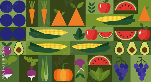 Assorted fruits and vegetables arranged in a vibrant grid pattern showcasing various harvest produce and healthy eating options from different cultures.
